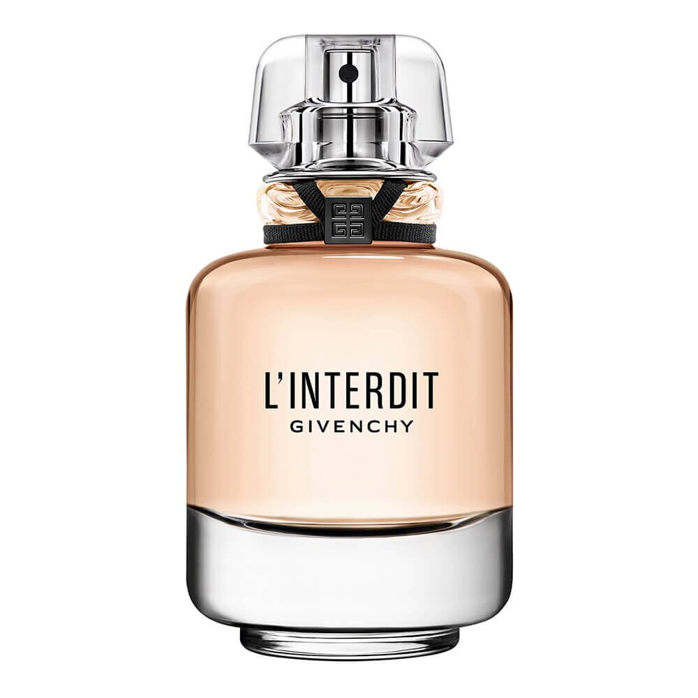Detalhe do frasco do L'Interdit, com fundo neutro editorial