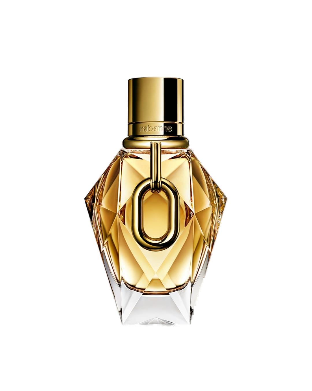 Million Gold For Her Eau de Parfum Rabanne 50ml: frasco diamante de ouro facetado com elo dourado em corrente sobre o vidro lapidado