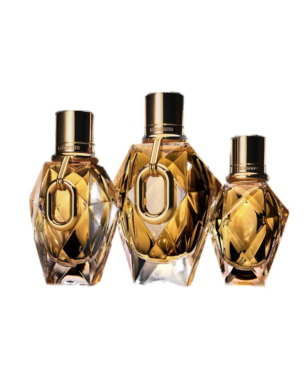 Família Million Gold For Her Rabanne em três tamanhos: trio de frascos diamante de ouro com elo dourado em corrente, capa maciça e vidro lapidado