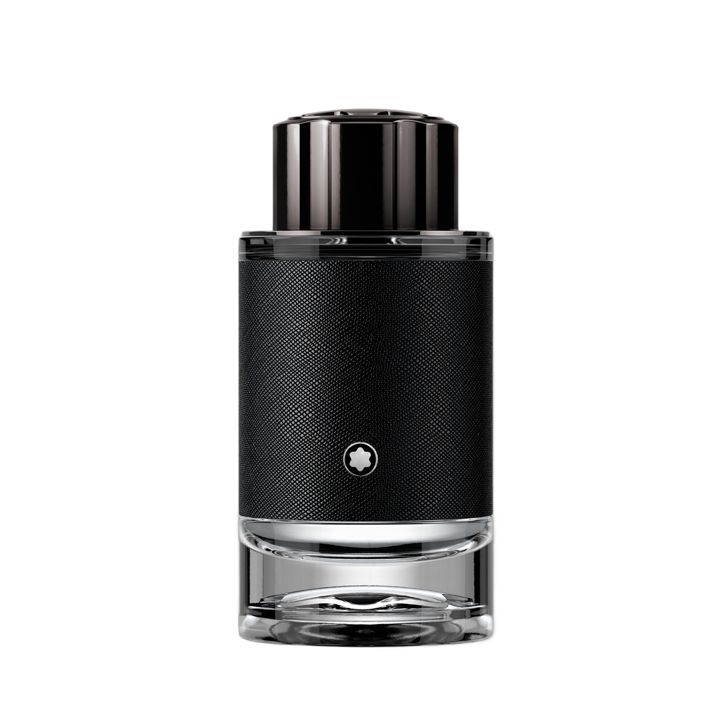 Mont Blanc Explorer Eau de Parfum 60ml: frasco cilíndrico grafite com etiqueta lateral saffiano texturizada em couro preto e tampa metalizada