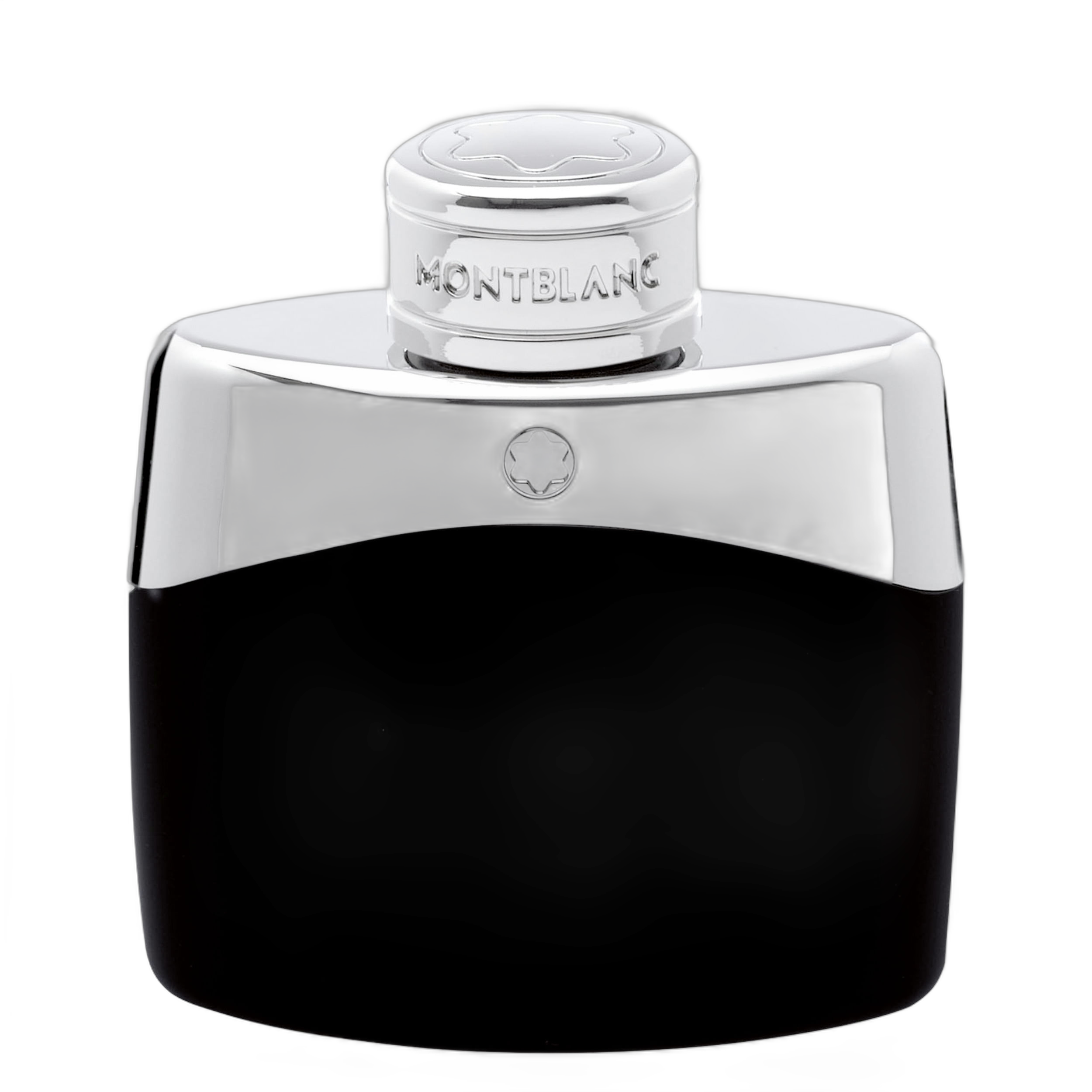 Mont Blanc Legend Eau de Toilette 50ml: frasco quadrado de vidro preto laqueado com tampa cromada espelhada e emblema da estrela Mont Blanc