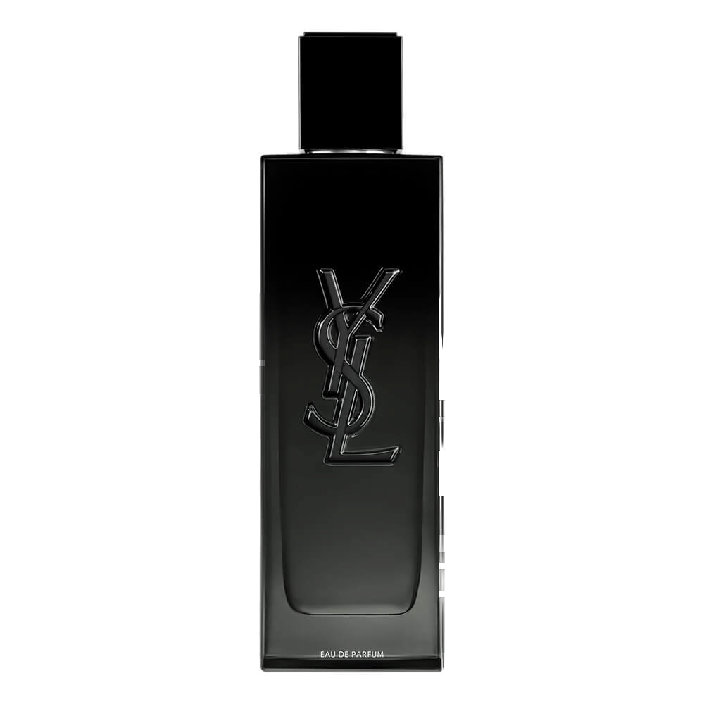 YSL MYSFL Eau de Parfum 60ml: frasco preto laqueado com monograma YSL esculpido em relevo, tampa magnética e gravura 'EAU DE PARFUM' na base.