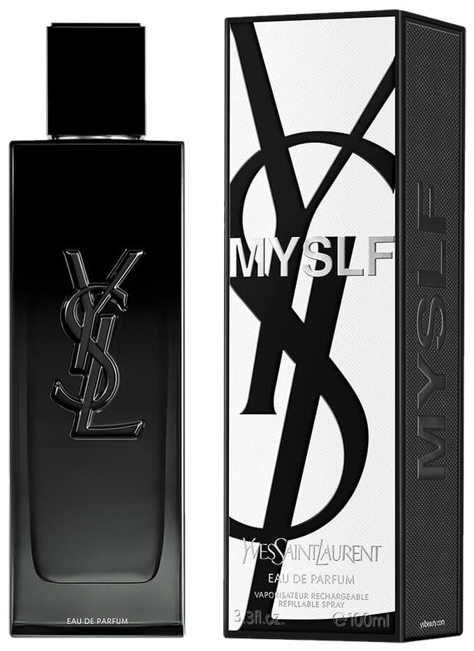 YSL MYSFL Eau de Parfum 60ml: frasco preto laqueado ao lado do estojo oficial Yves Saint Laurent em preto e branco, com a inscrição MYSFL em relevo.