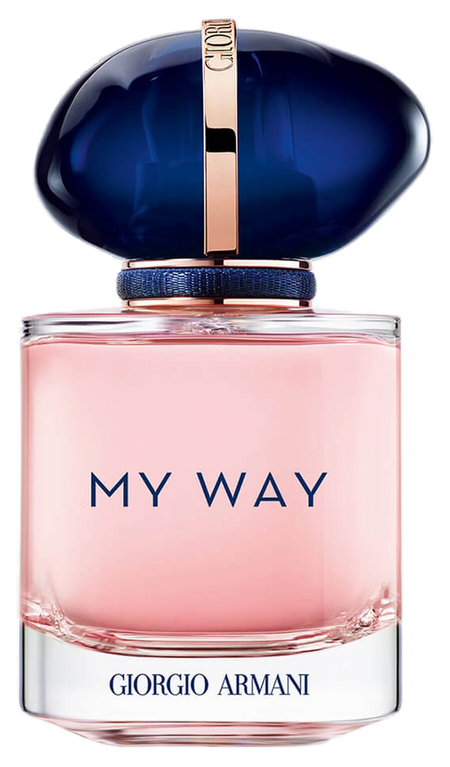 My Way Eau de Parfum 50ml Giorgio Armani: frasco arredondado de vidro nude-rosé com lettering My Way, tampa azul-marinho e anel rosé gold
