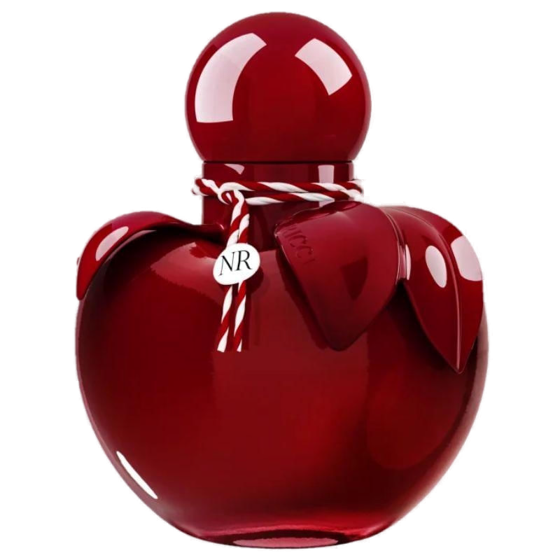 Nina Rouge Eau de Toilette 30ml Nina Ricci: frasco de maçã vermelha rubi translúcida, tampa esférica vermelha com folha lateral e cordão torcido vermelho-e-branco com medalha NR no gargalo