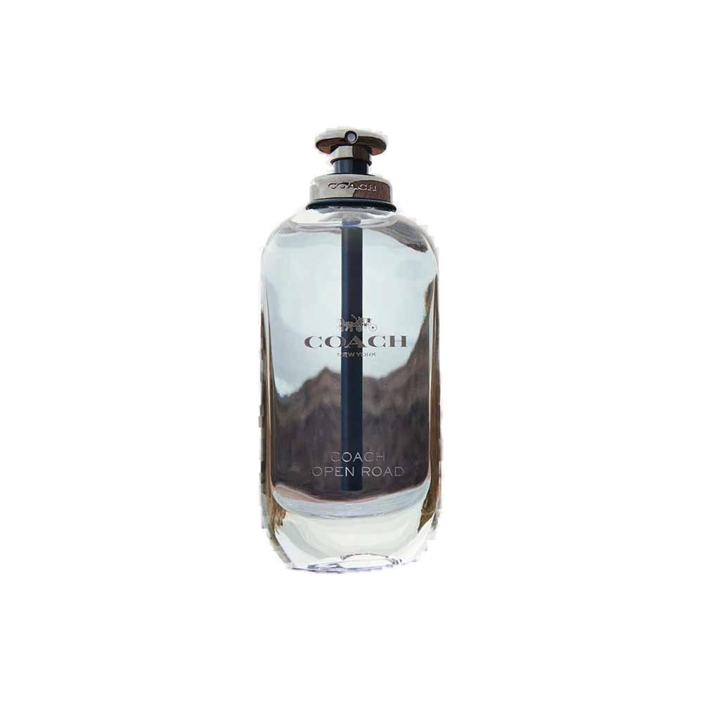 Open Road Eau de Toilette 30ml Coach: frasco cilíndrico de vidro transparente com líquido claro, faixa vertical central azul-marinho, tampa gunmetal escovada e COACH OPEN ROAD gravado