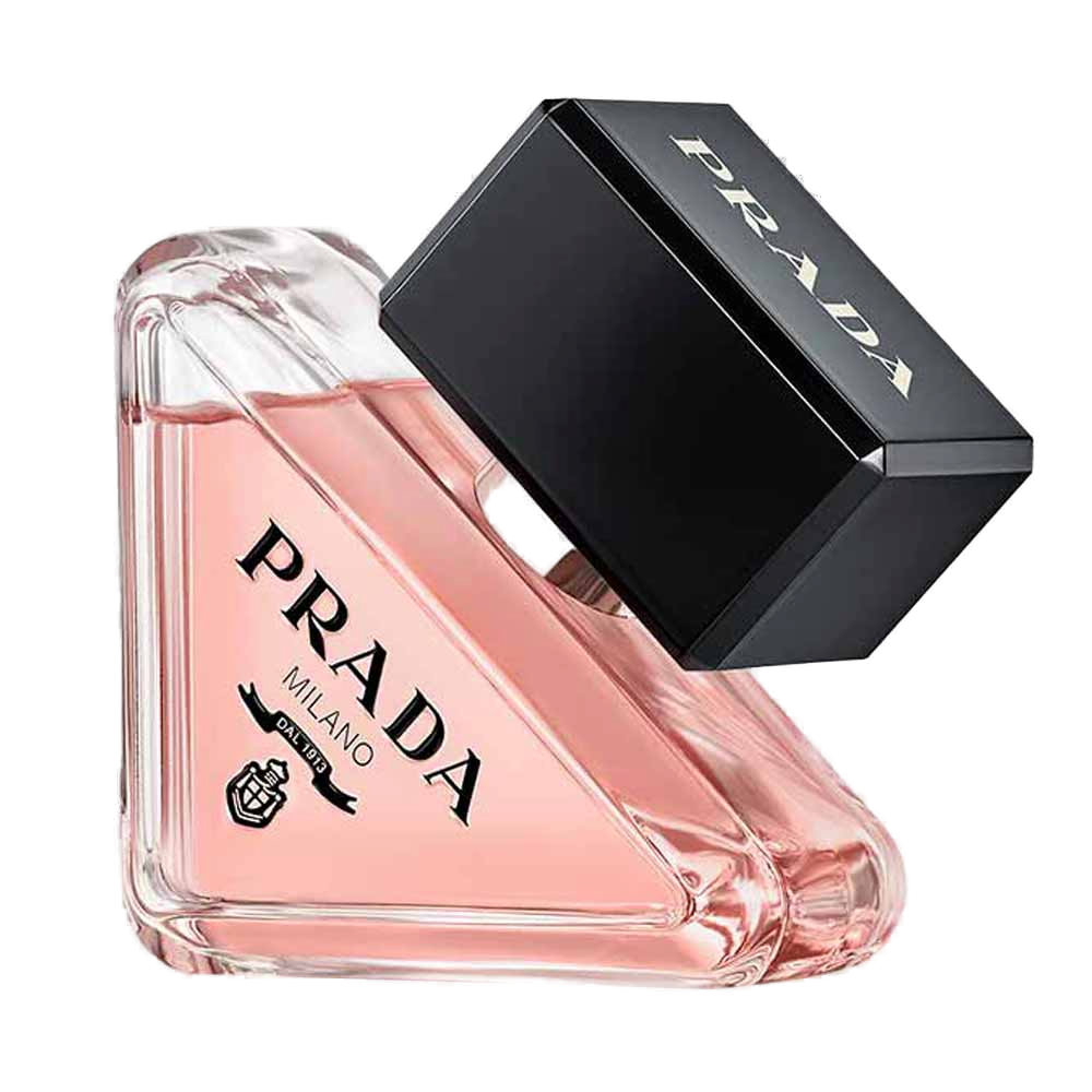 Paradoxe Eau de Parfum 30ml Prada: frasco triangular de vidro rosado, líquido rosé translúcido, tampa em triângulo preto laqueado com PRADA gravado e corpo com PRADA MILANO DAL 1913