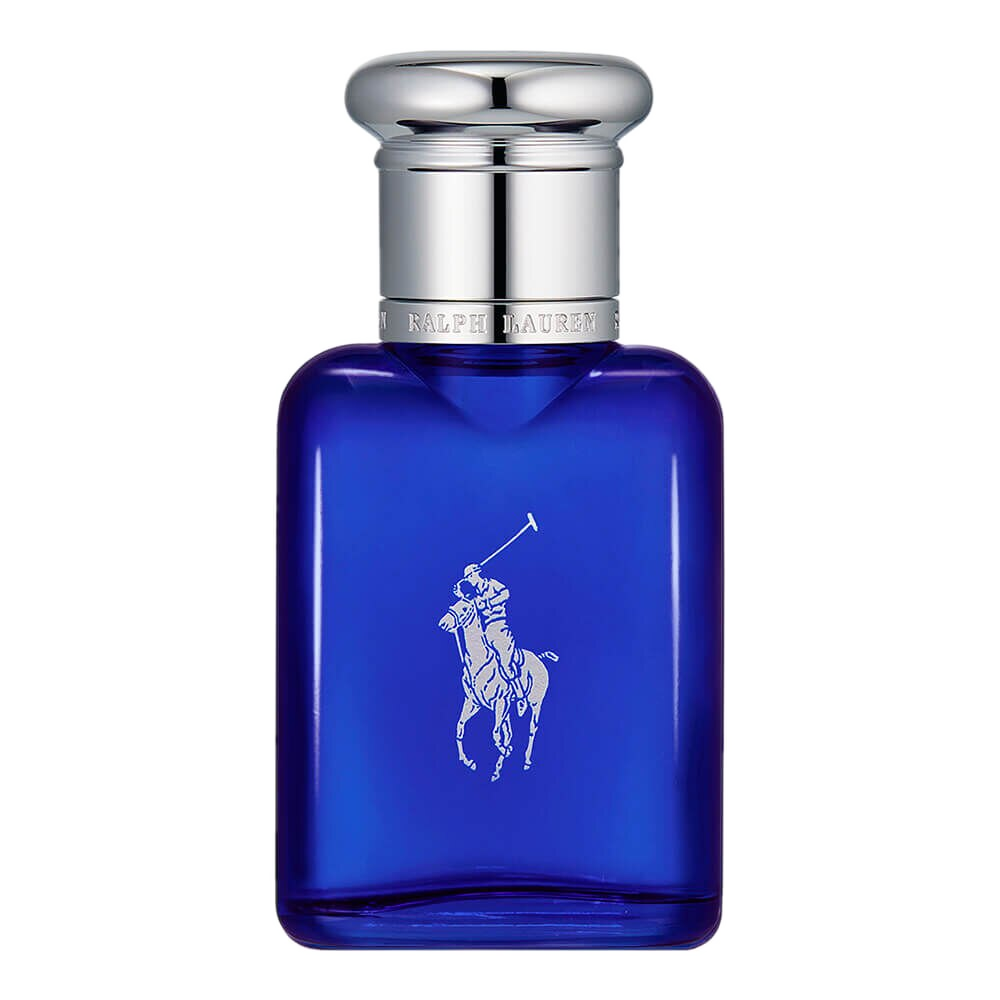 Polo Blue Eau de Toilette Ralph Lauren 125ml: vidro cobalto translúcido com a gravação do polista, colarinho cromado com a assinatura Ralph Lauren