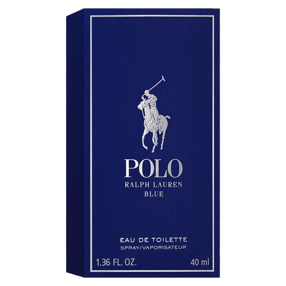 Polo Blue Ralph Lauren: estojo oficial cobalto com lettering POLO RALPH LAUREN BLUE EAU DE TOILETTE em prata e o brasão do polista