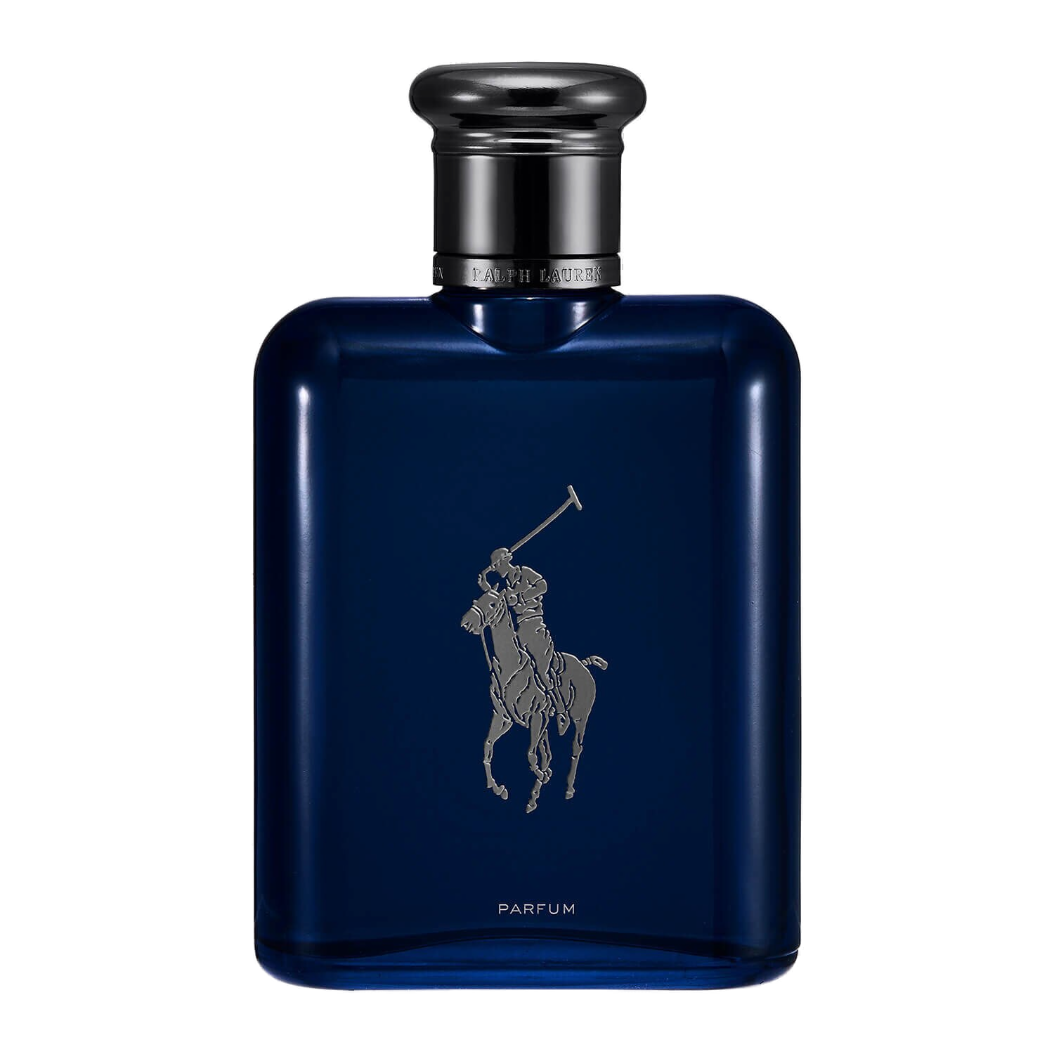 Polo Blue Parfum Ralph Lauren 75ml: vidro safira escuro translúcido com a gravação do polista em prata, tampa gunmetal espelhada com a assinatura Ralph Lauren