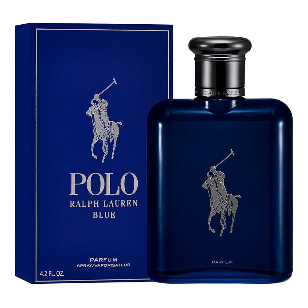 Polo Blue Parfum Ralph Lauren: estojo oficial cobalto profundo com lettering POLO RALPH LAUREN BLUE PARFUM em prata, ao lado do frasco safira escuro com tampa gunmetal