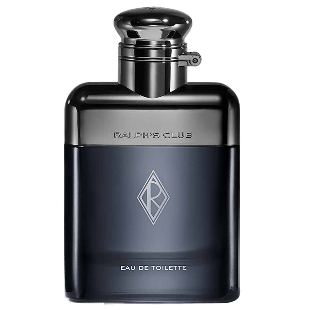 Ralph's Club Eau de Toilette Ralph Lauren 50ml: frasco-cantil em vidro preto com tampa gunmetal escovada e medalhão R em losango no centro.