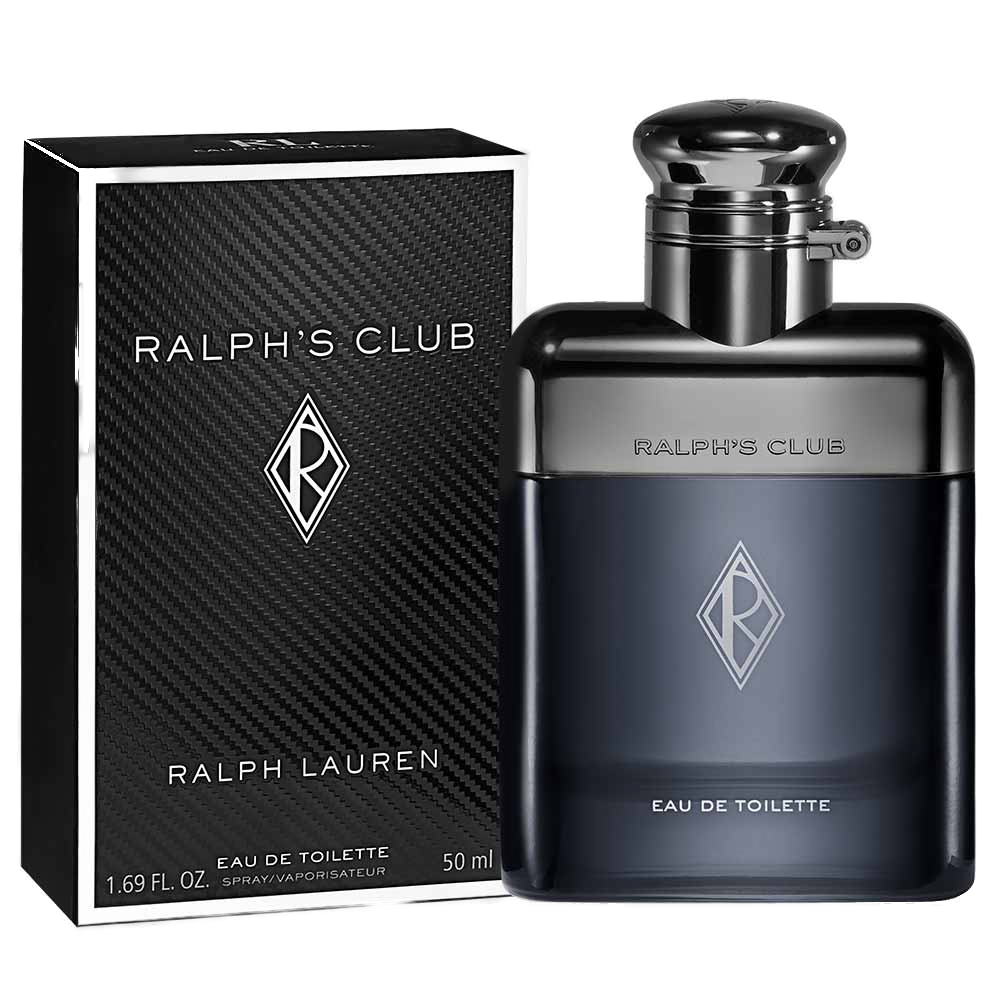 Ralph's Club Eau de Toilette 50ml: frasco-cantil em vidro preto ao lado do estojo oficial Ralph Lauren em fibra de carbono, com o lettering RALPH'S CLUB em prata.