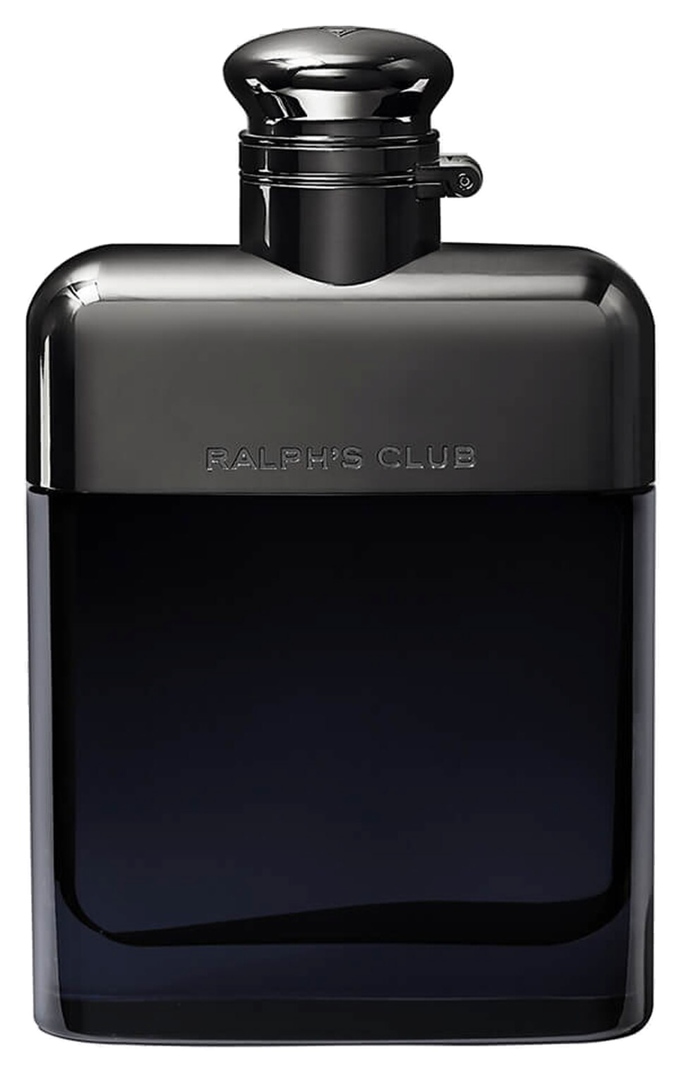 Ralph's Club Eau de Parfum 50ml Ralph Lauren: frasco-cantil de vidro navy esfumaçado em gradiente, tampa gunmetal polida com fecho lateral e RALPH'S CLUB gravado no ombro