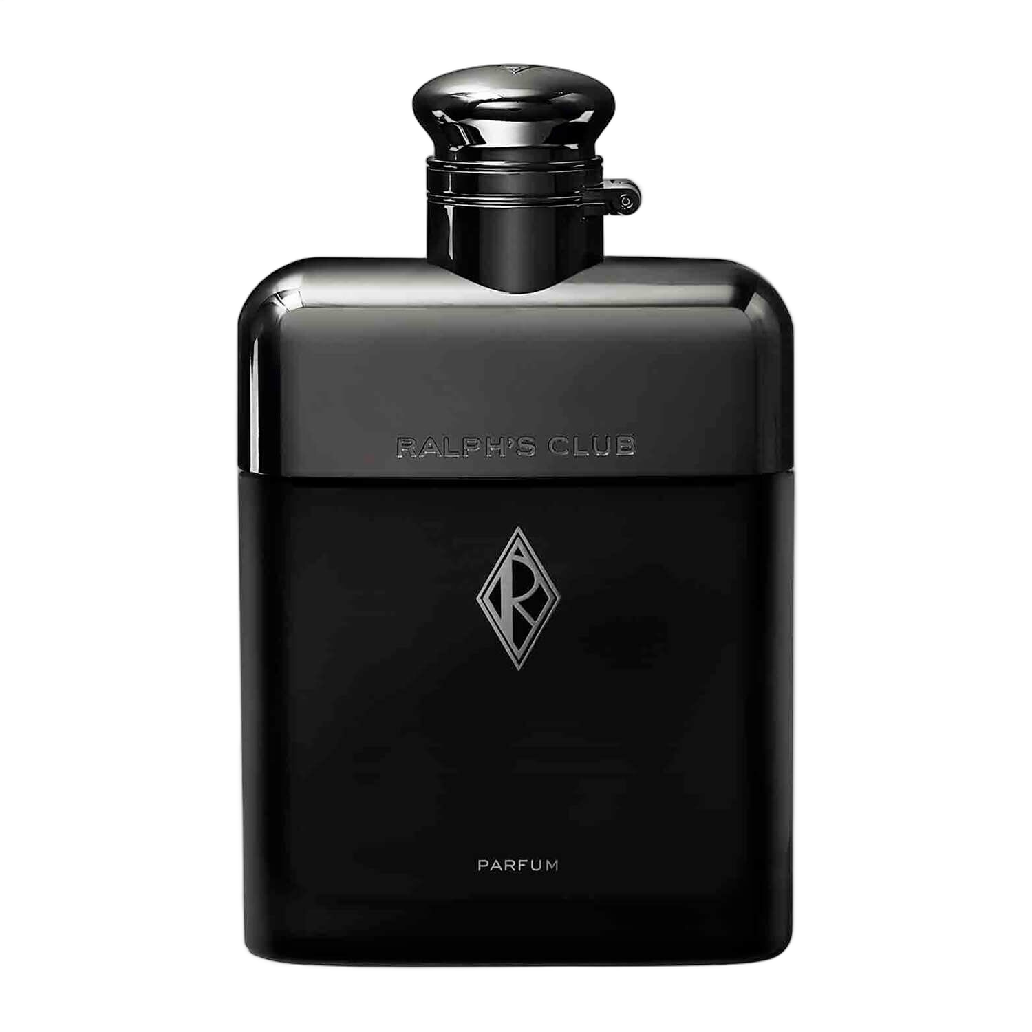 Ralph's Club Parfum Ralph Lauren 50ml: frasco vidro escuro com lettering dourado Ralph's Club Parfum e tampa dourada laqueada