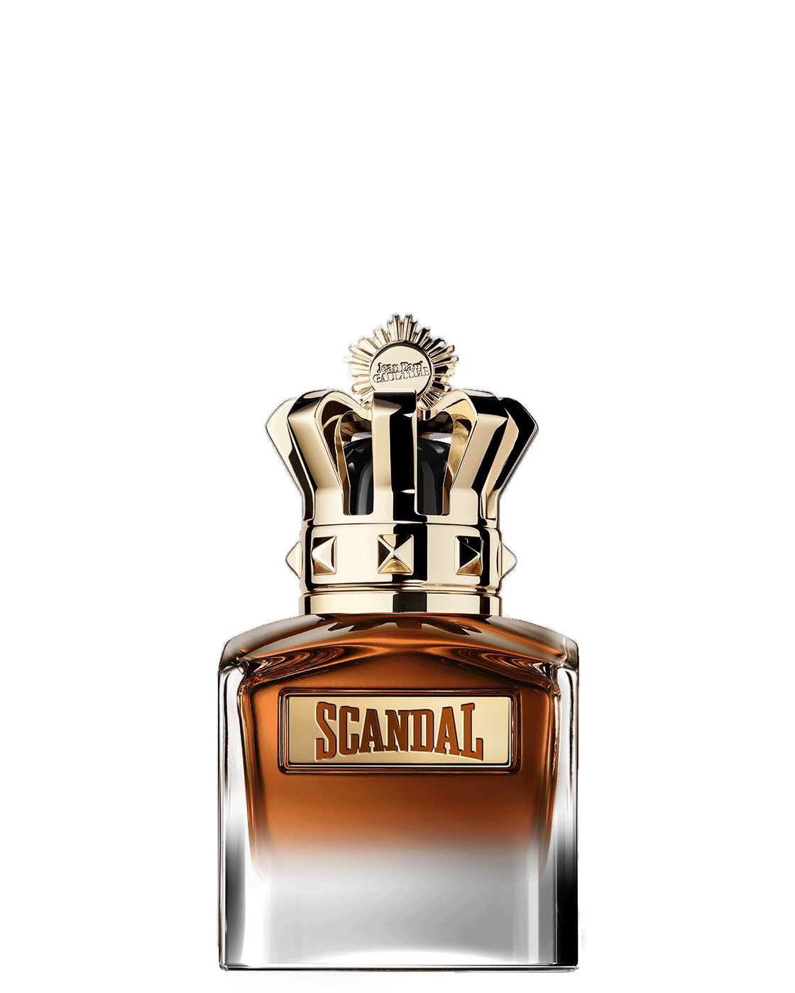 Scandal pour Homme Elixir Parfum 50ml: frasco em vidro fumê com líquido âmbar profundo, placa dourada gravada 'SCANDAL' e a icônica coroa de metal dourada no topo, assinatura Jean Paul Gaultier.
