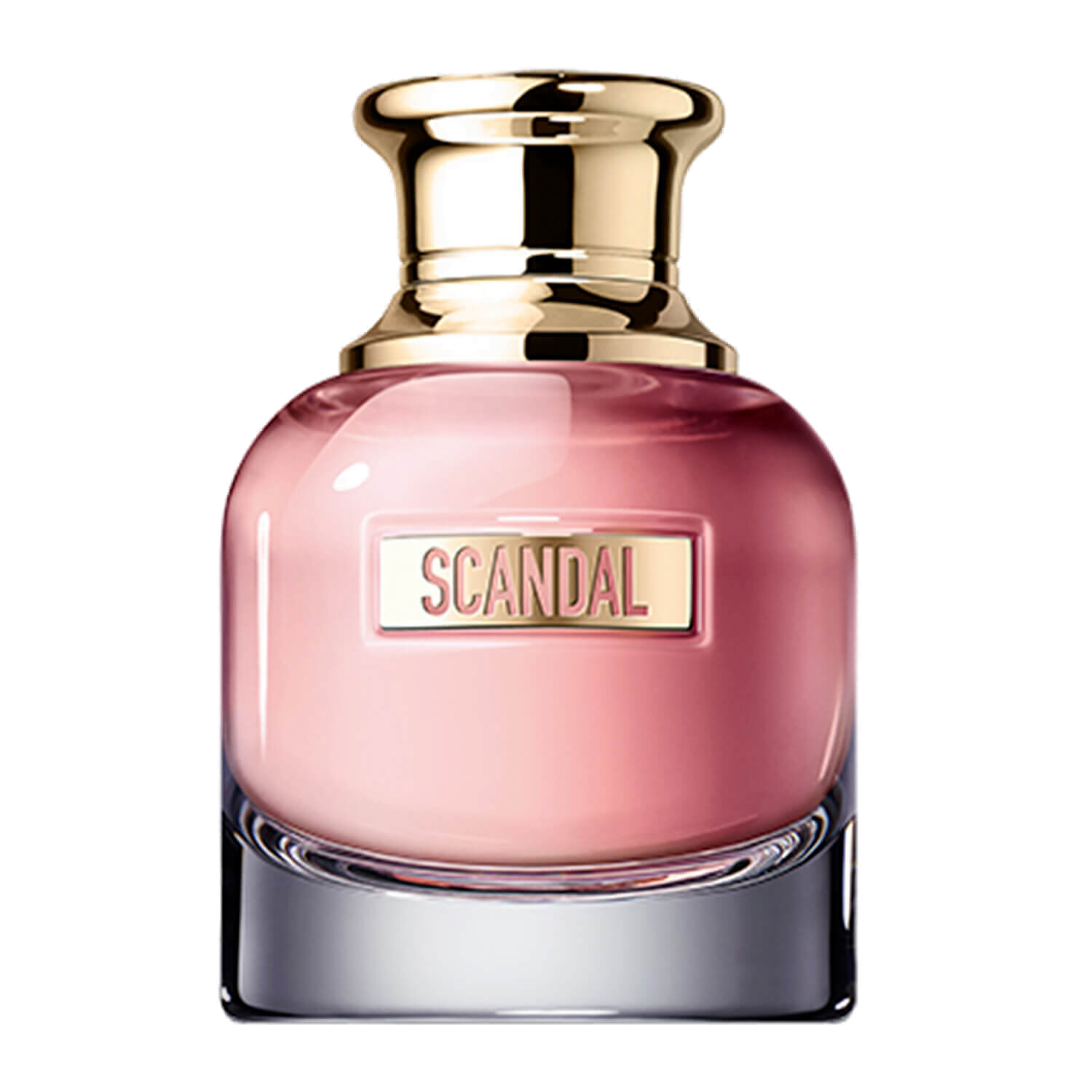 Scandal Jean Paul Gaultier 80ml: frasco em formato de torso feminino com pernas cruzadas, vidro rosa translúcido, tampa coroa dourada com cabeça loira