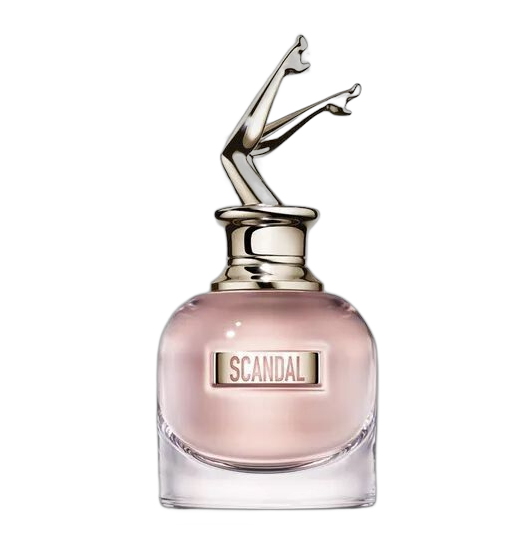 Frasco do Scandal Eau de Parfum isolado, com pernas douradas no topo e label Scandal rosado