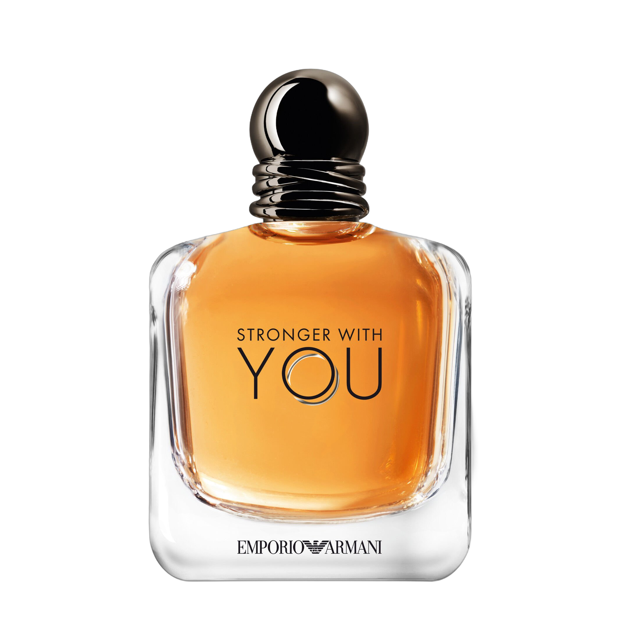 Stronger With You Emporio Armani 50ml: frasco quadrado de vidro espesso translúcido com líquido âmbar, tampa preta laqueada esférica com anéis prata e lettering Stronger With You · Emporio Armani
