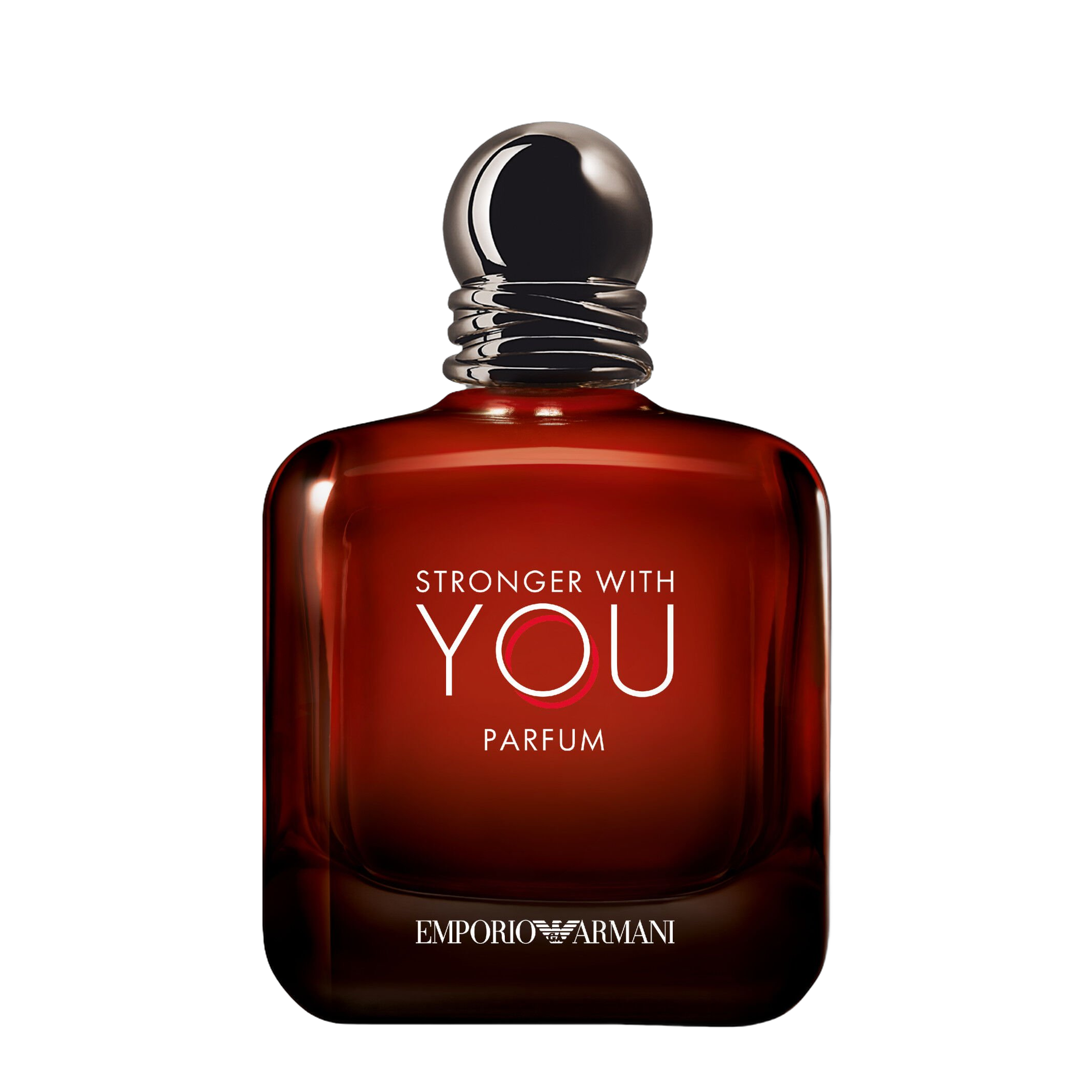 Stronger With You Parfum Emporio Armani 50ml: frasco quadrado laqueado com gradiente rubi-borgonha profundo, tampa preta com anéis prata escurecidos e lettering Stronger With You · Parfum