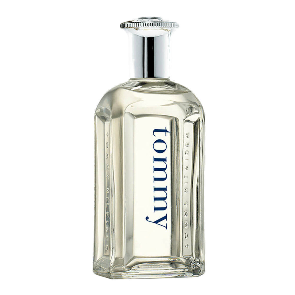 Tommy Hilfiger Eau de Toilette 30ml: frasco em vidro flask, tampa em metal escovado, líquido âmbar-claro, assinatura tommy em azul-marinho