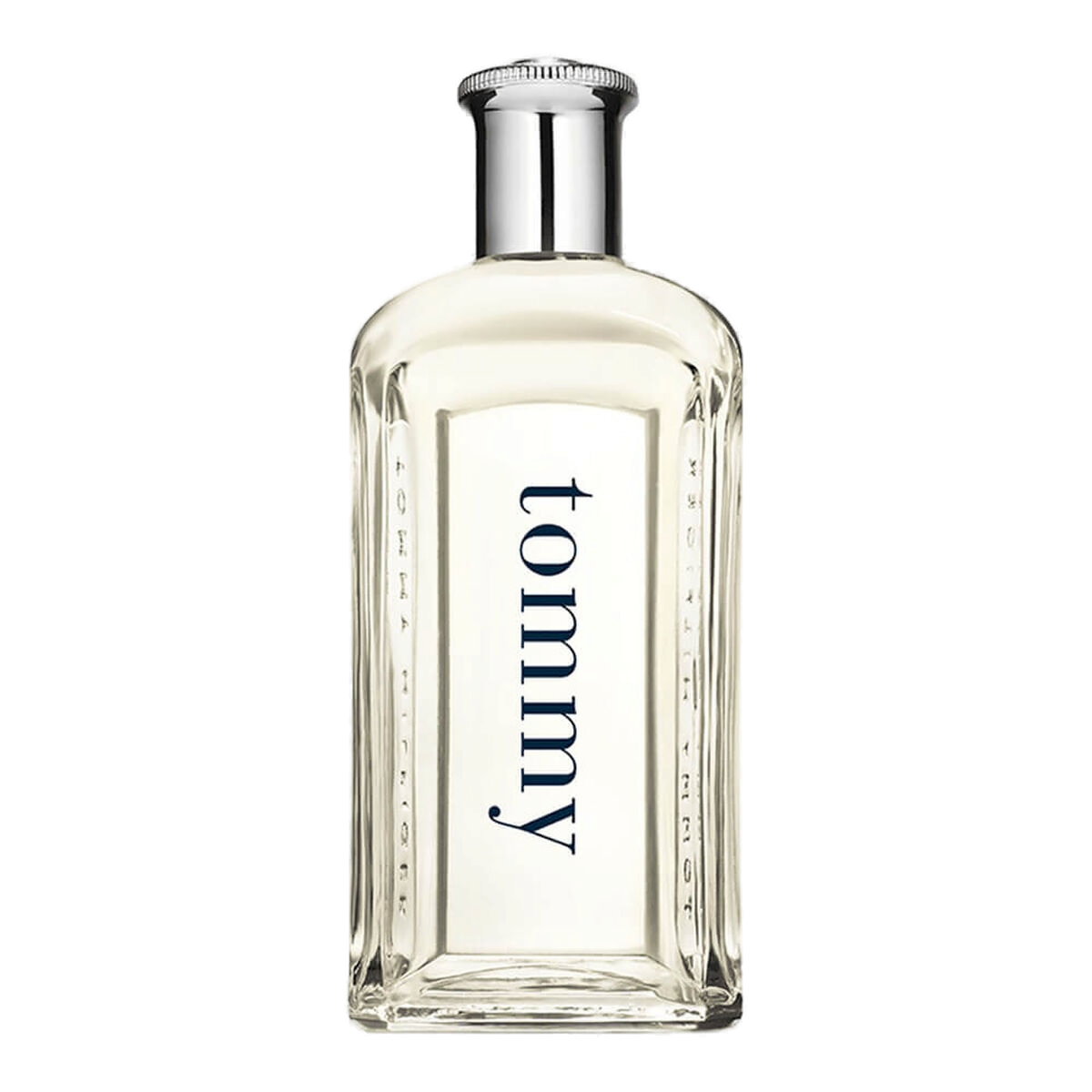 Tommy Hilfiger Eau de Toilette 30ml: vista de perfil do flask em vidro grosso, tampa em metal escovado