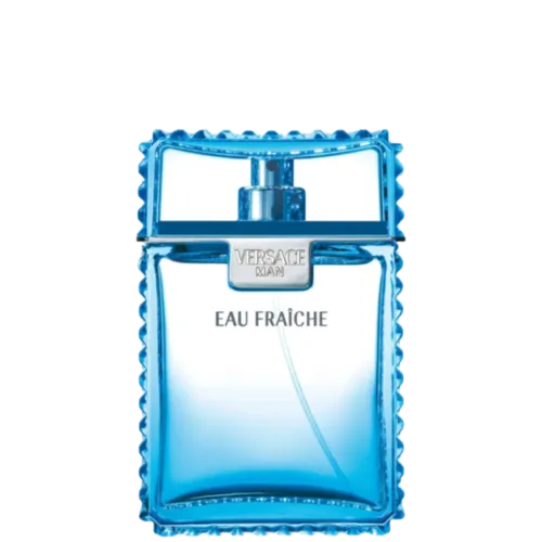 Versace Man Eau Fraîche Eau de Toilette Versace: frasco-prisma de vidro azul-aqua translúcido com bordas serrilhadas, placa cromada gravada VERSACE MAN e tampa cromada
