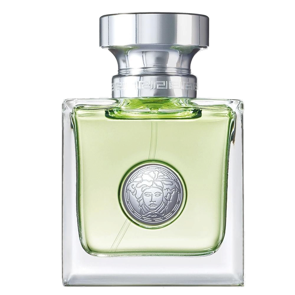 Versense Eau de Toilette 50ml Versace: frasco quadrado de vidro com líquido verde, medalhão prateado da Medusa em relevo no centro e tampa prateada com grega