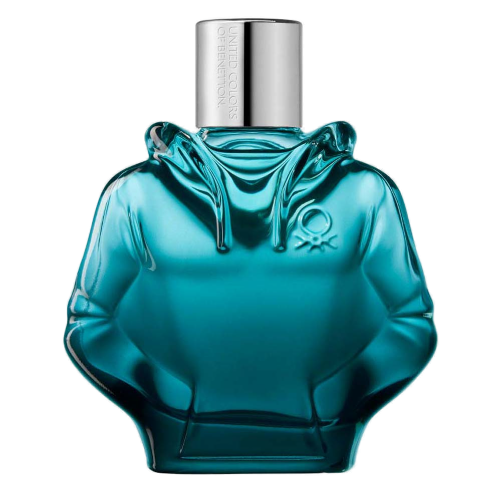 We Are Tribe Cool Eau de Toilette 90ml Benetton: frasco de vidro turquesa em formato de moletom com capuz, capuz e bolso esculpidos no vidro, símbolo do nó no peito e tampa prata cilíndrica