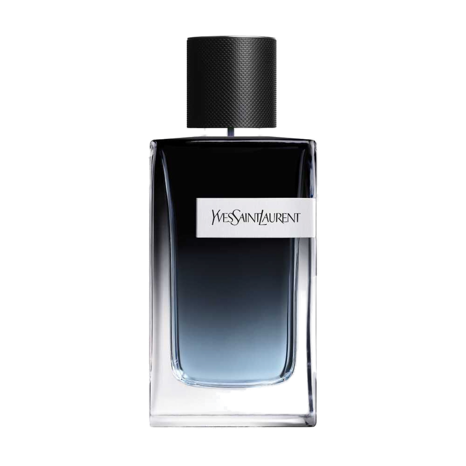 Y Eau de Parfum Yves Saint Laurent 60ml: frasco retangular em vidro escuro com gradiente azul-marinho até cristal transparente, tampa preta em metal facetado, plaqueta cromada com lettering Yves Saint Laurent
